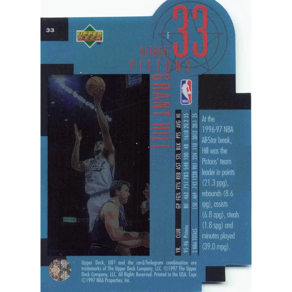 1997 Upper Deck UD3 Grant Hill Detroit Pistons Die-Cut Card 33 NBA Basketball - Picture 2 of 2